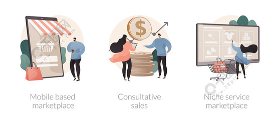 電子商務應用程序抽象概念矢量插圖集。基于移動的市場、咨詢銷售、利基服務在線零售、使用智能手機抽象隱喻買賣產品。電子商務應用程序抽象概念矢量插圖。