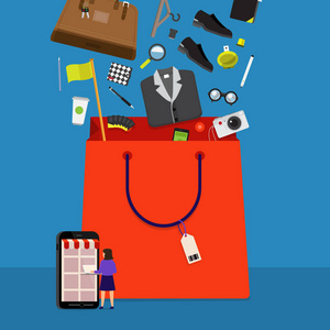 商業(yè)概念手機(jī)購物在線電子商務(wù)。目前由商家咨詢屏幕。矢量插圖